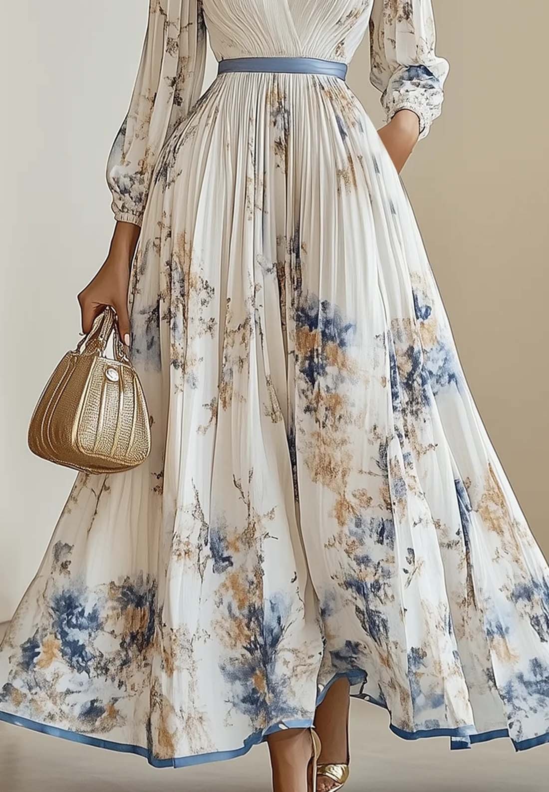 Pleated Chiffon V Neck Floral Long Sleeve Balloon Sleeve A-Line Maxi Dress