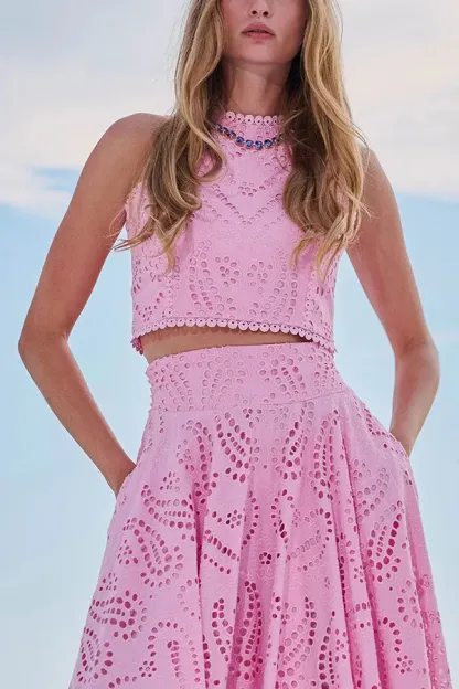 Paris Dreaming Embroidered Lace High Rise Pocketed Maxi Skirt and Crop Tank Top(Buy 2 Free Shipping)
