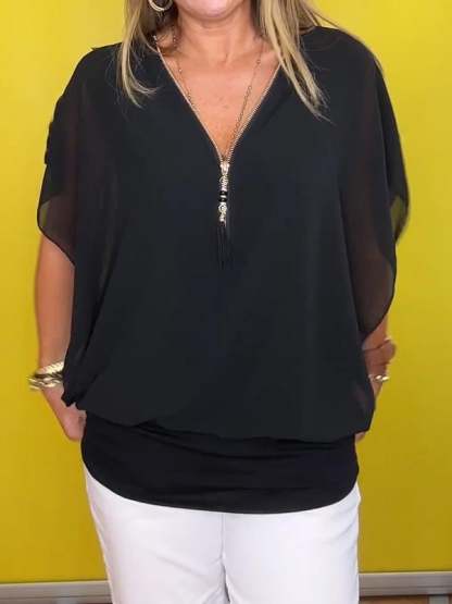 Last Day Promotion🔥Chiffon Half-zip Short-sleeved Casual Top(BUY 2 FREE SHIPPING)