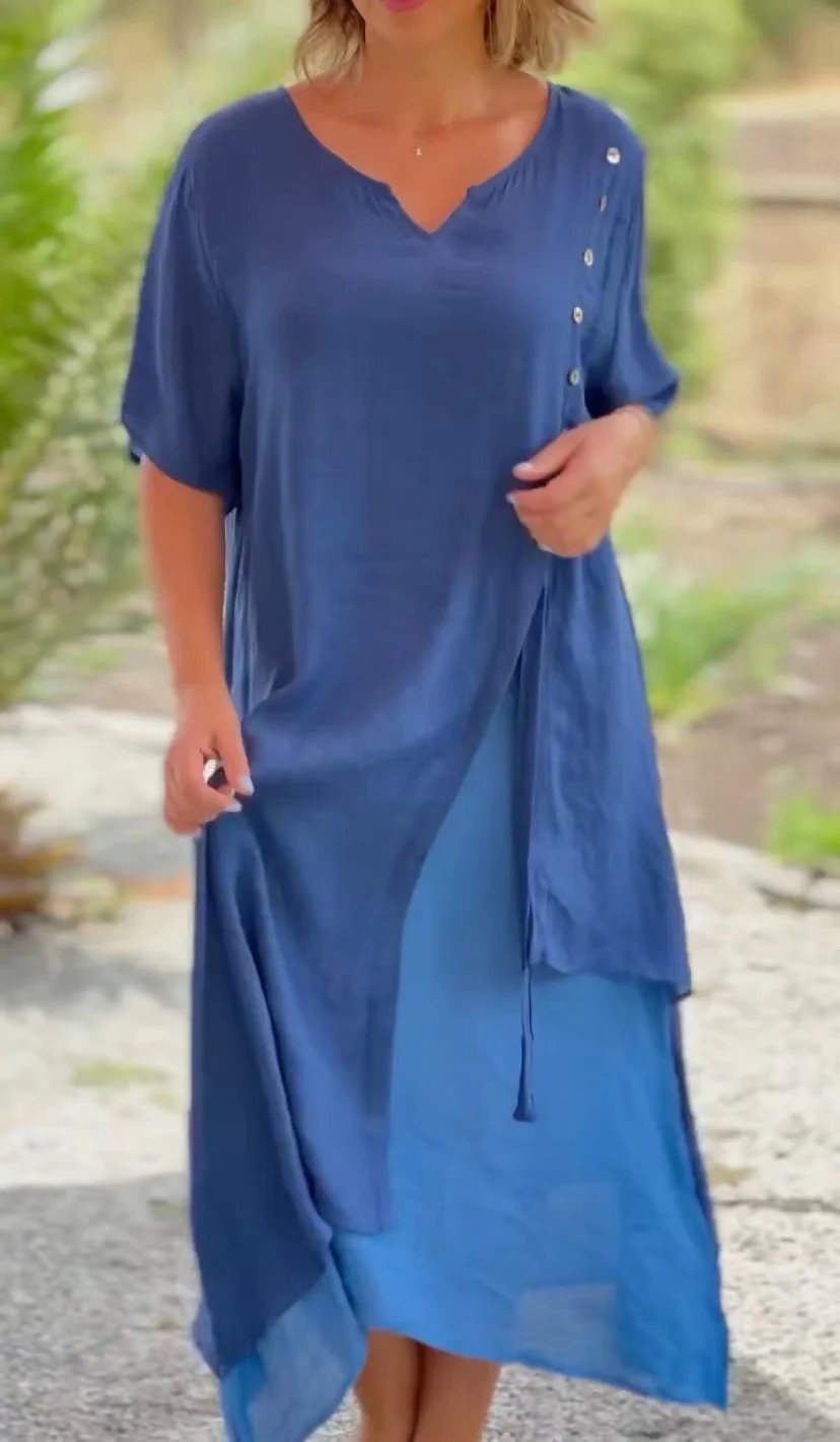 V Neck Short Sleeve Irregular Hem Dress (Buy 2 Free Shipping)