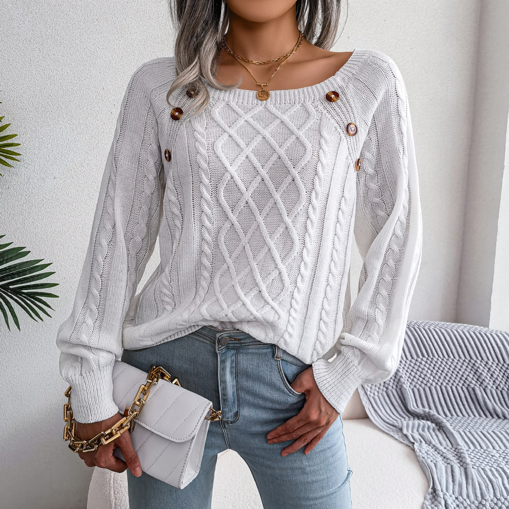 Textured Cable Knit Button Detail Relaxed Fit Sweater
