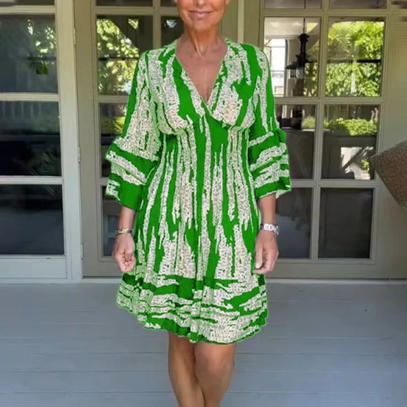 Last Day 49% OFF🔥Bell Bottom Sleeve V-Neck Printed Dress(BUY 2 FREE SHIPPING)