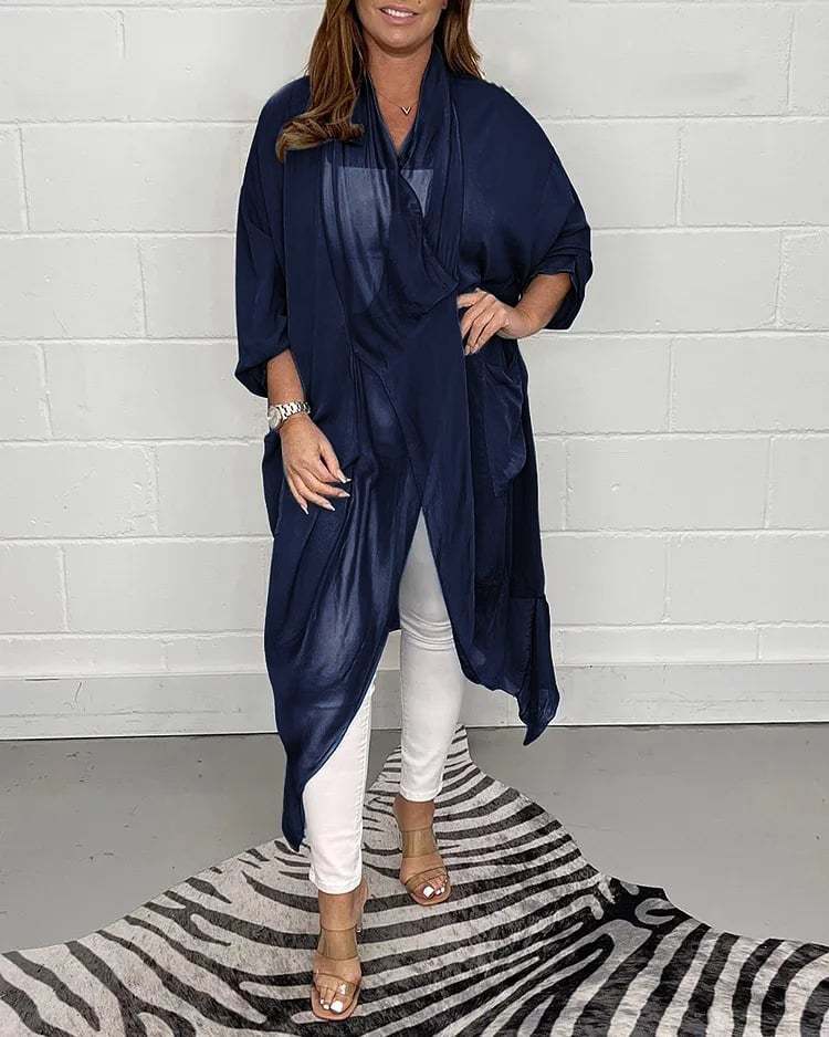 Elegant Drape Front Sheer Cardigan with Batwing Sleeves Long Outerwear
