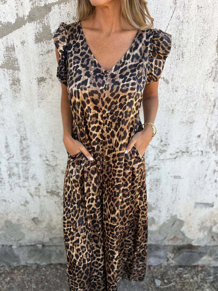 Leopard Print V-Neck Jumpsuit With Front Pockets (Buy 2 Free Shipping)