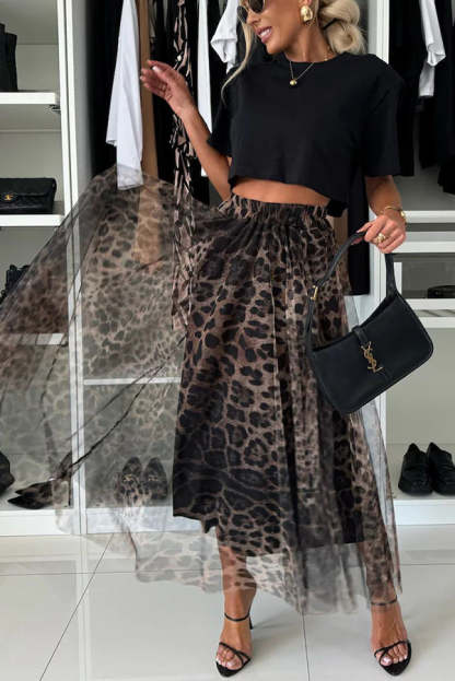 Tulle Leopard Print Elastic Waist A-line Maxi Skirt