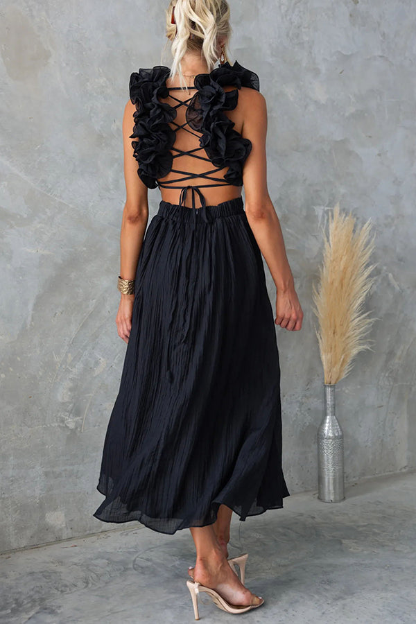 Floral Ruffle Detail Back Lace-up Elastic Waist Maxi Dress