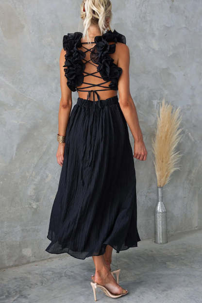 Floral Ruffle Detail Back Lace-up Elastic Waist Maxi Dress