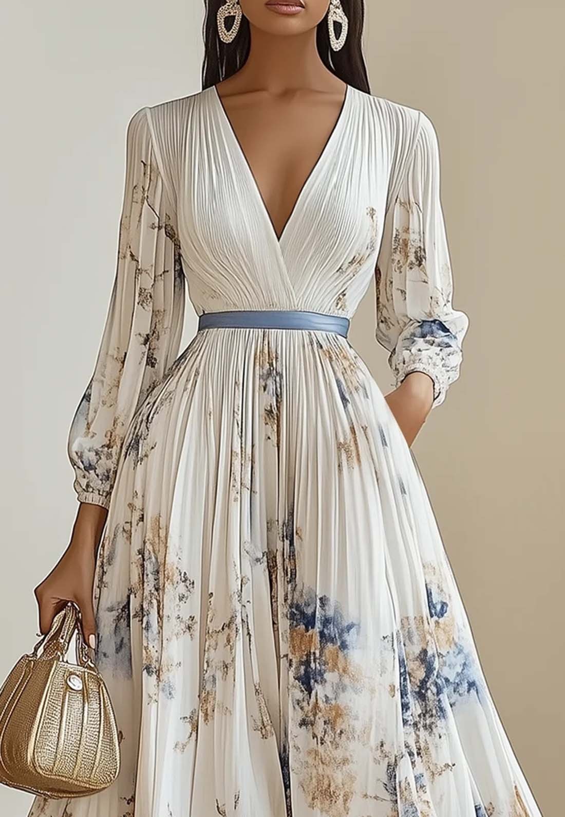 Pleated Chiffon V Neck Floral Long Sleeve Balloon Sleeve A-Line Maxi Dress