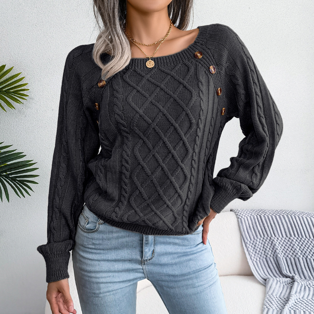 Textured Cable Knit Button Detail Relaxed Fit Sweater