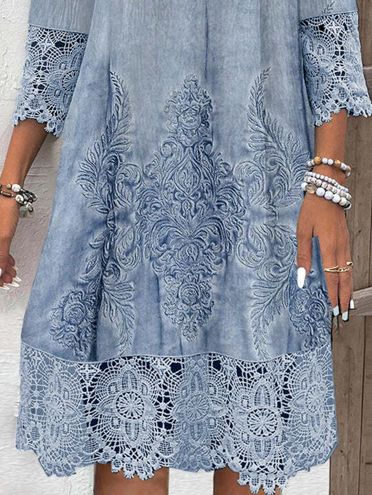 3/4 Sleeve V-neck Graphic Lace Buttons Midi Dress