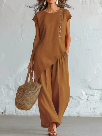 Elegant Asymmetric Button Detail Two-Piece Set (Buy 2 Free Shipping)