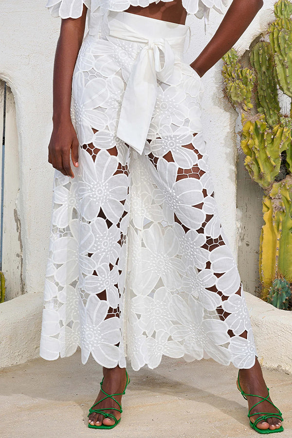 Floral Lace Cropped Shirt and Belt Pocketed Wide Leg Pants Set