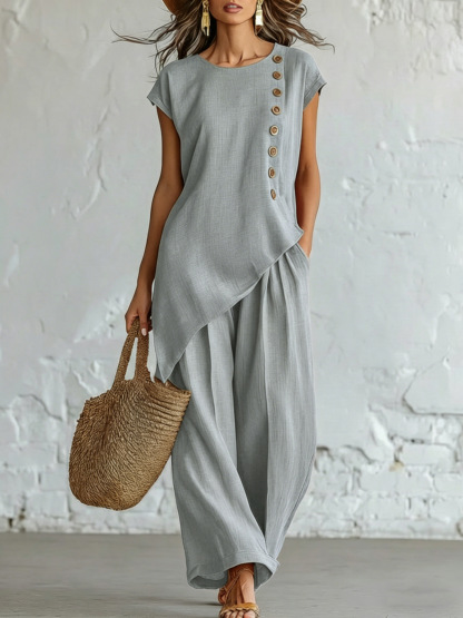 Elegant Asymmetric Button Detail Two-Piece Set (Buy 2 Free Shipping)