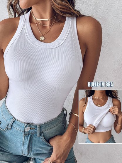 Last Day Promotion🔥Round Neck Built-in Bra Ribbed Tank Top(Buy 2 Free Shipping)