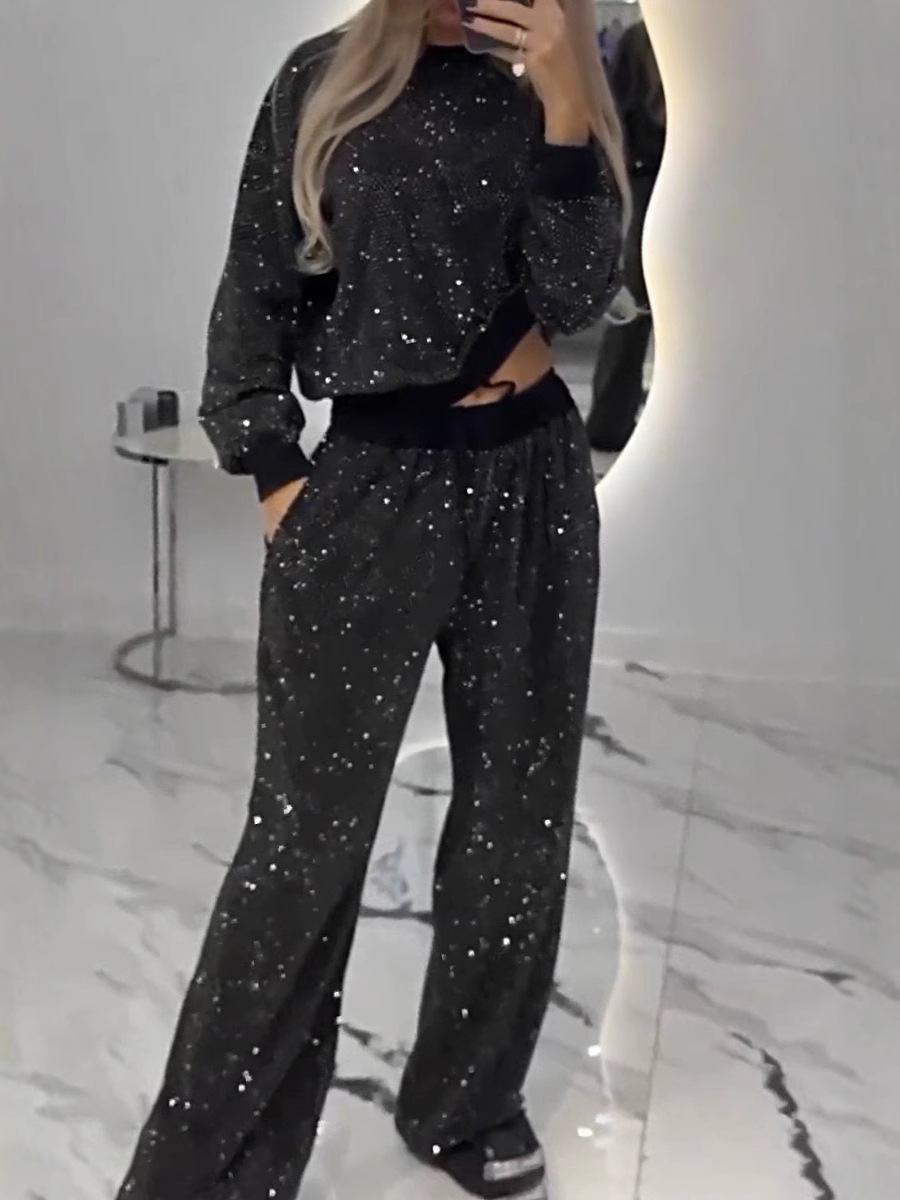 Sparkling Sequin Round Neck Top & Wide Leg Pants Two Piece Set (Buy 2 Free Shipping)
