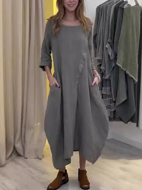 Loose Linen Cotton Asymmetric Button Dress (Buy 2 Free Shipping)