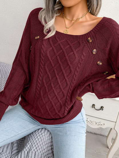 Textured Cable Knit Button Detail Relaxed Fit Sweater