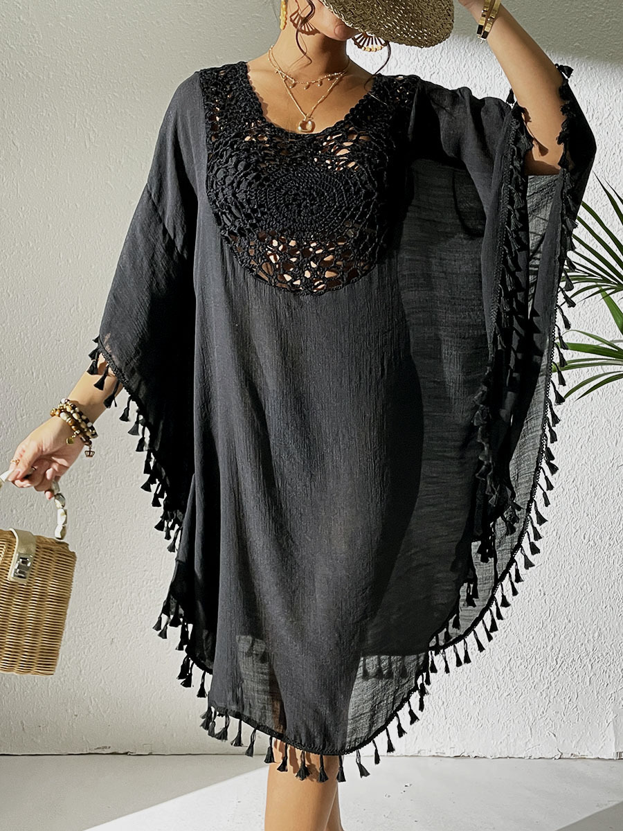 Boho Tassel Trim Crochet Yoke Loose Kaftan Dress