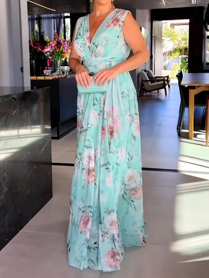 Elegant Floral V-Neck Sleeveless Maxi Dress with Belt (Buy 2 Free Shipping)