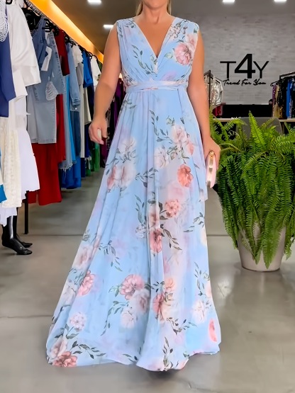 Elegant Floral V-Neck Sleeveless Maxi Dress with Belt (Buy 2 Free Shipping)