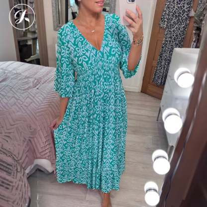 Last Day Promotion❤️Bohemian Casual Print V-neck Shirred Dress(Buy 2 Free Shipping)