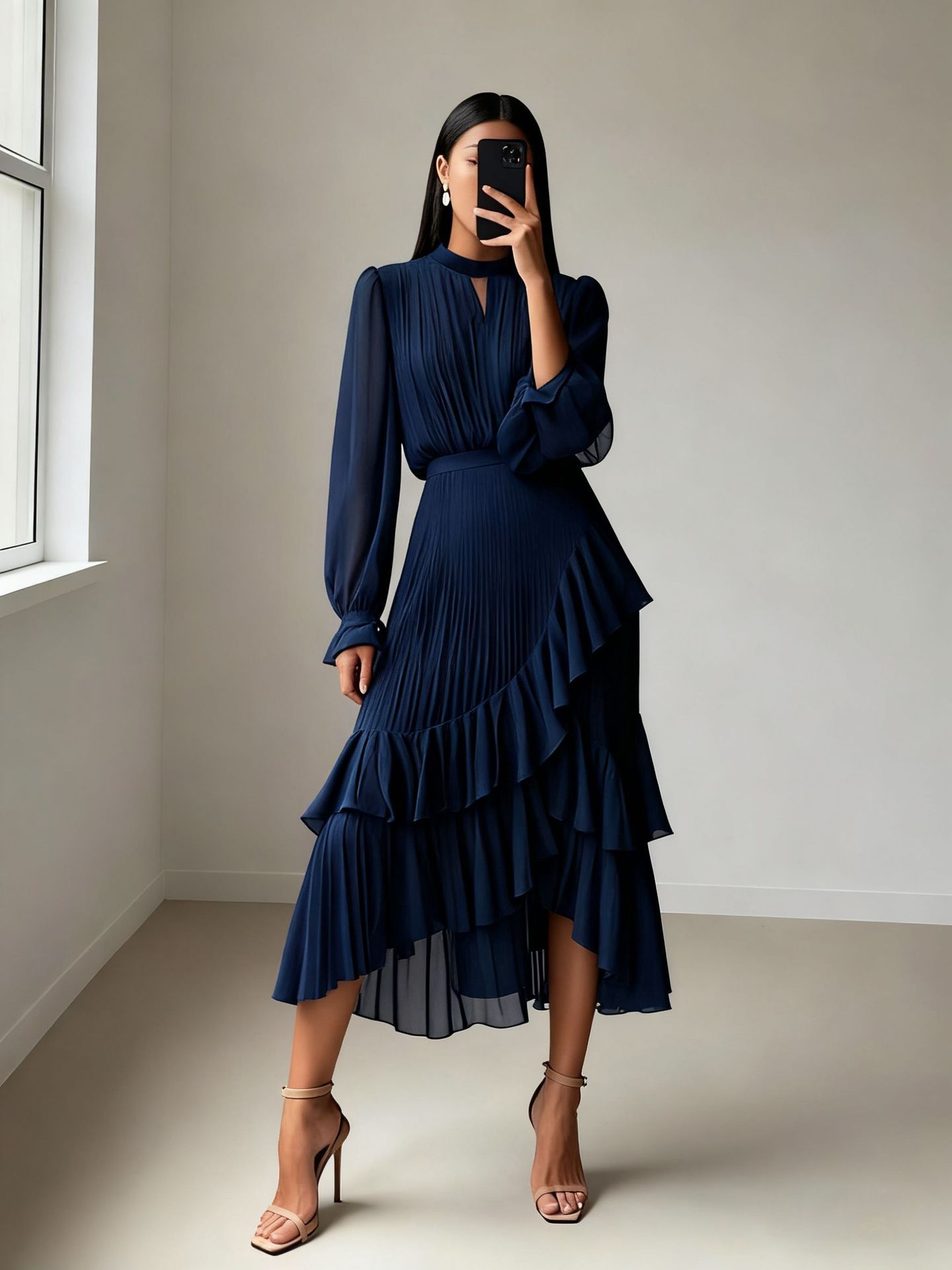 Elegant Pleated Ruffle Asymmetrical Long Sleeve Dress (Buy 2 Free Ship