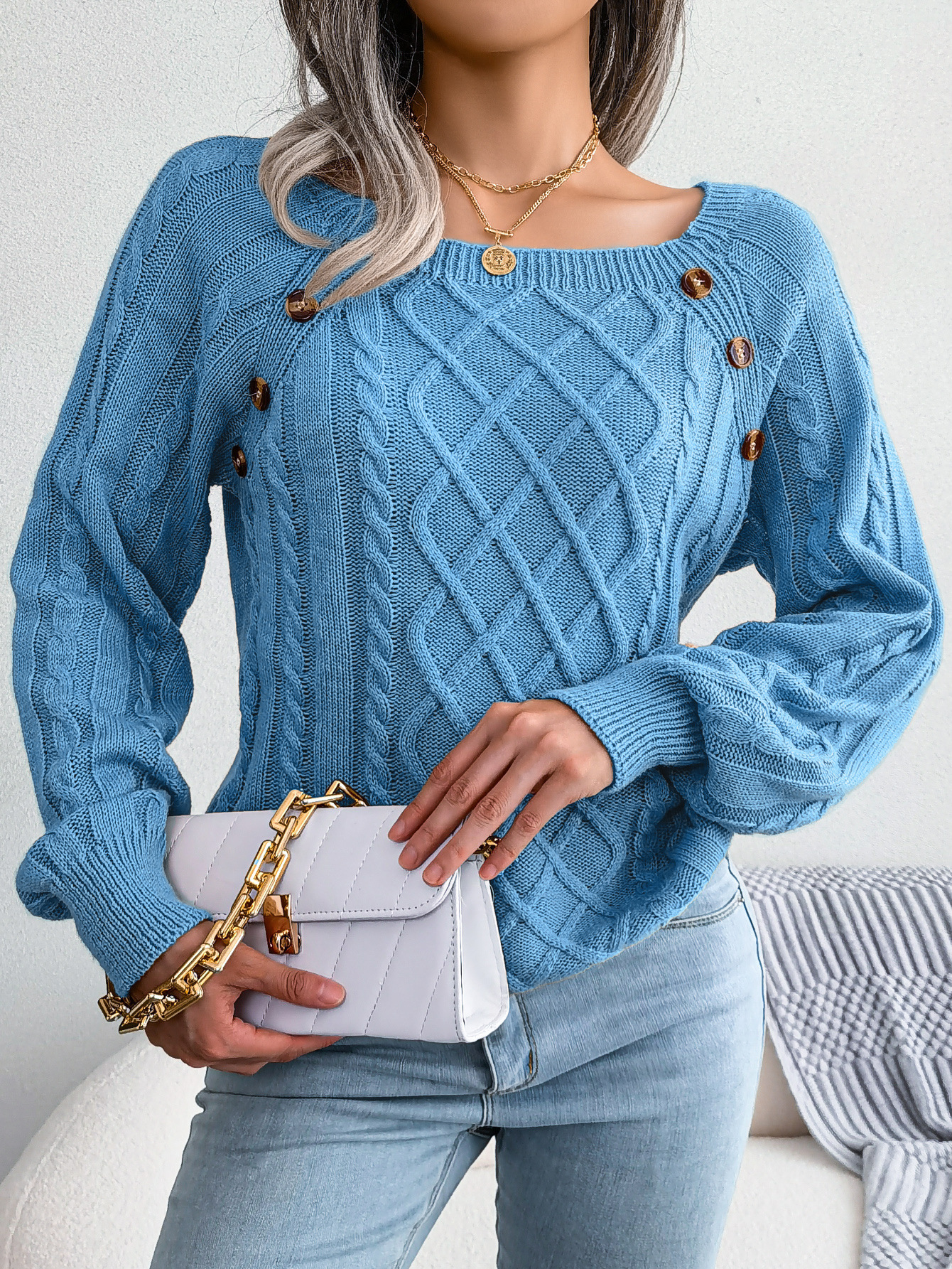 Textured Cable Knit Button Detail Relaxed Fit Sweater
