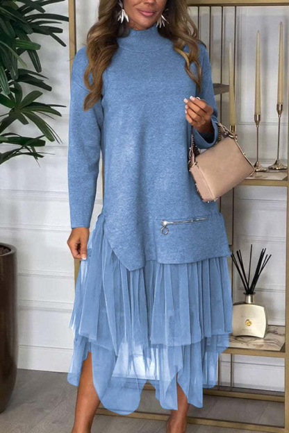 Knit Turtleneck Zip-up Top and Elastic Waist Tulle Loose Midi Skirt Set