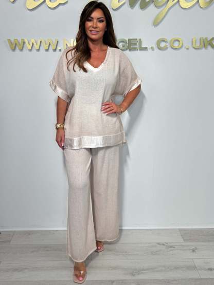 Satin Trim V-Neck Two Piece Set (Buy 2 Free Shipping)