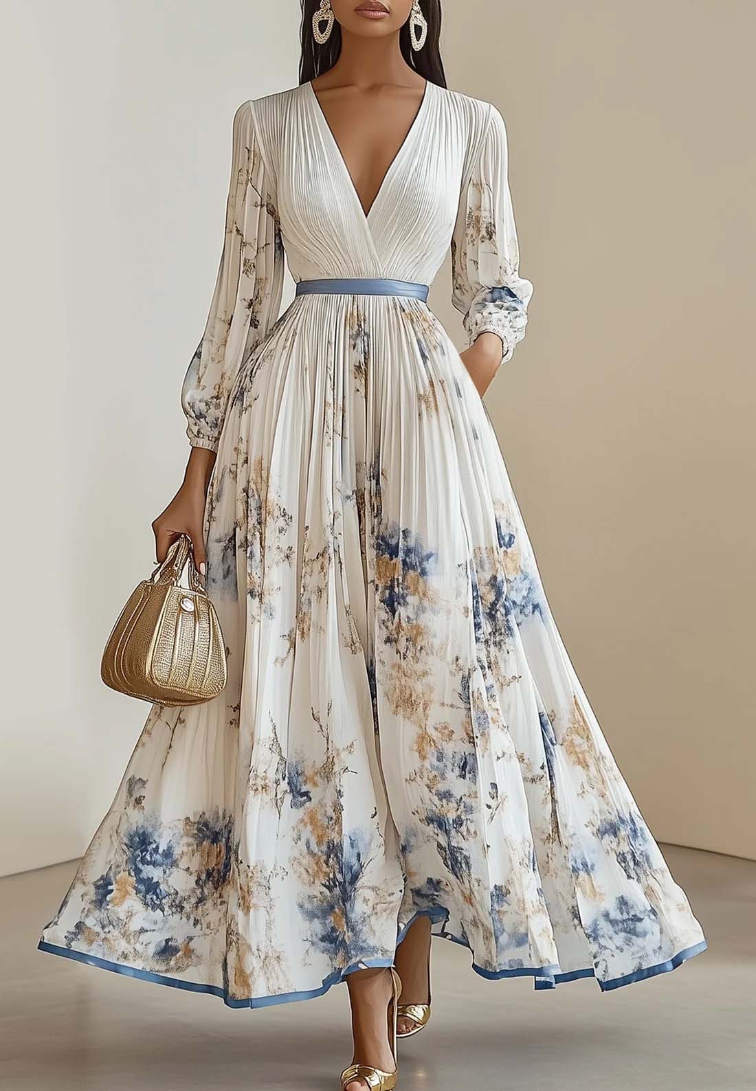 Pleated Chiffon V Neck Floral Long Sleeve Balloon Sleeve A-Line Maxi Dress