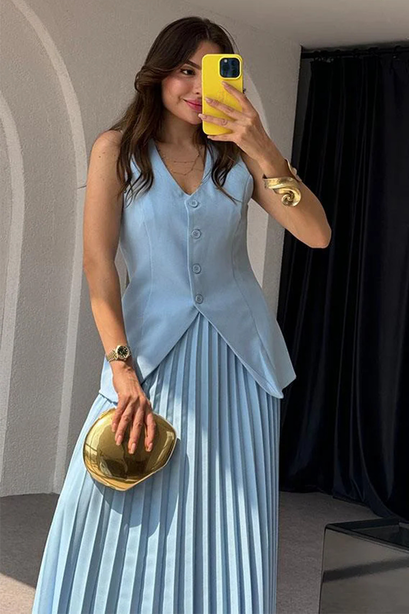 V Neck Button Up Slit Vest Pleated Maxi Skirt Matching Set (Buy 2 Free Shipping)