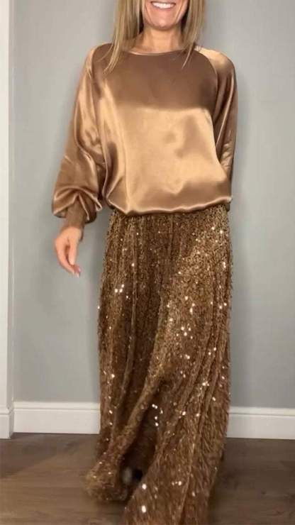 Satin Top & Sequin Maxi Skirt Two Piece Set (Buy 2 Free Shipping)