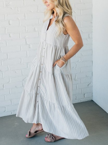 V Neck Striped Button Front Tiered Dress (Buy 2 Free Shipping)