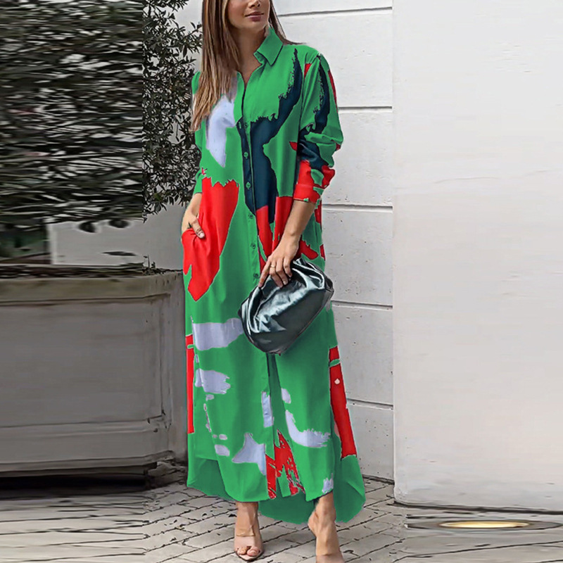 Abstract Print Button-Down Maxi Shirt Dress (Buy 2 Free Shipping)