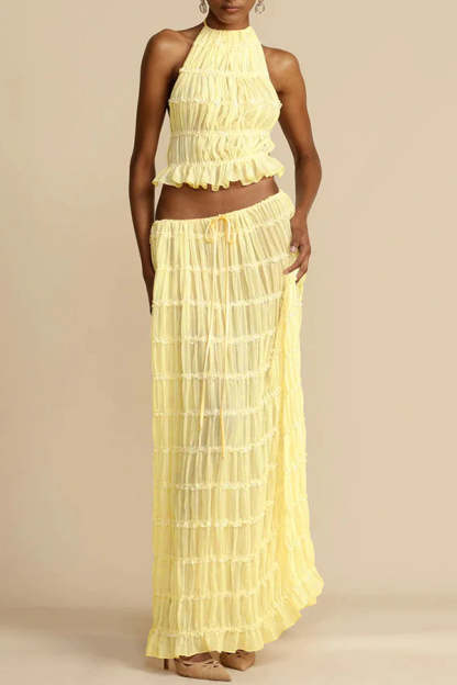 Versatility and Vintage Charm Pleated Drawstring Waist Tiered Maxi Skirt