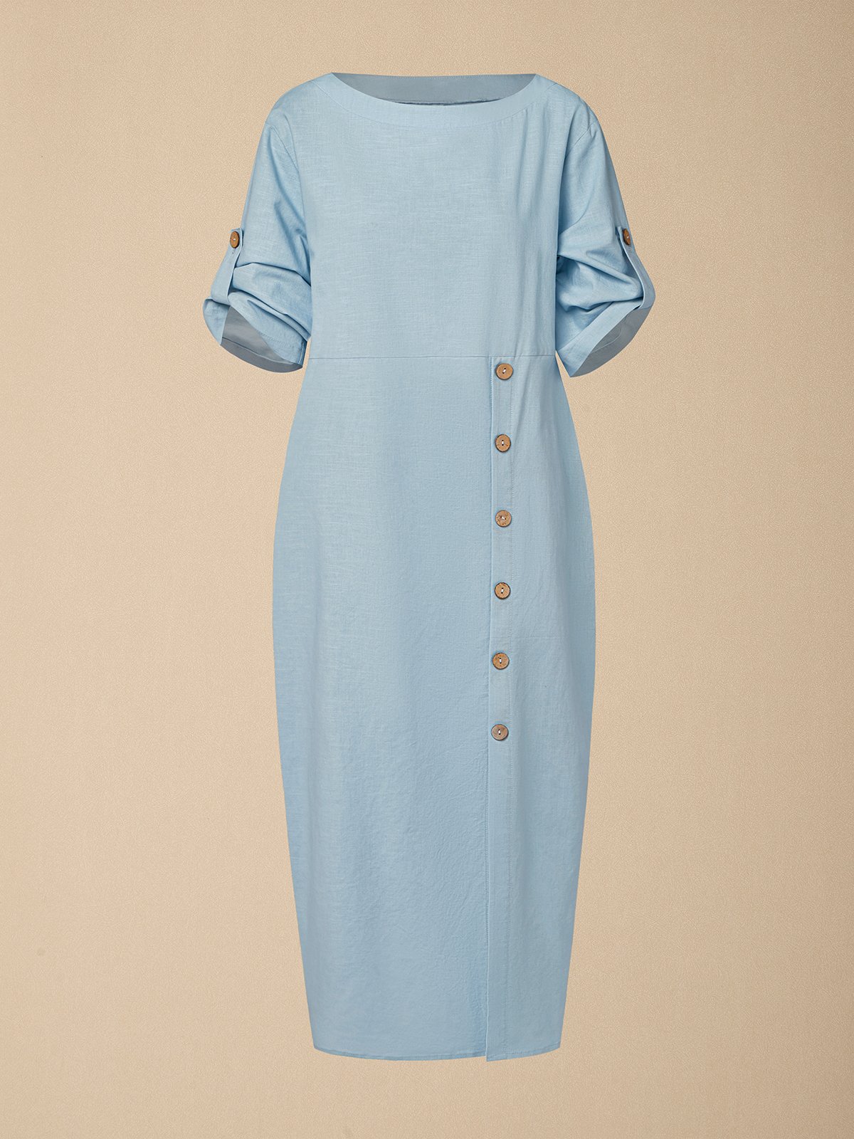 Linen Crew Neck Plain Short Sleeve Midi Dress