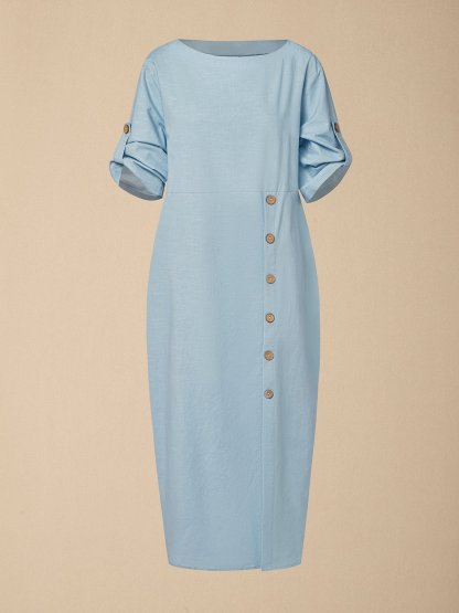 Linen Crew Neck Plain Short Sleeve Midi Dress