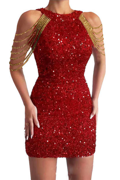 Looking At The Glamorous View Sequin Tassel Shoulder Cocktail Mini Dress 