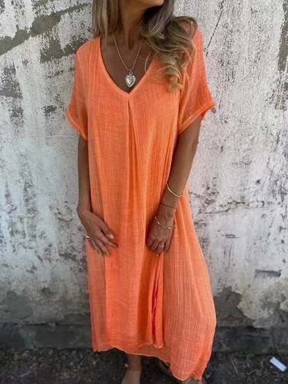 Last Day 49% OFF🔥Cotton and Linen V-neck Midi Dress(Buy 2 Free Shipping)