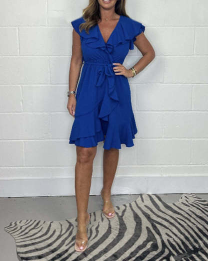 Ruffle Sleeve V-Neck Belted Mini Dress (Buy 2 Free Shipping)