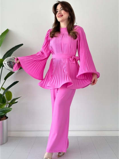 Pleated Bell Sleeve Top and Wide-Leg Pants Two Piece Set (Buy 2 Free Shipping)