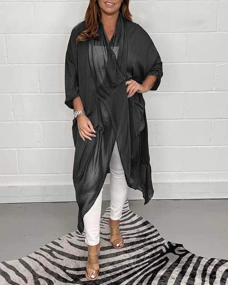 Elegant Drape Front Sheer Cardigan with Batwing Sleeves Long Outerwear