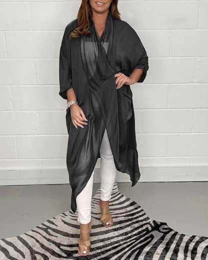 Elegant Drape Front Sheer Cardigan with Batwing Sleeves Long Outerwear
