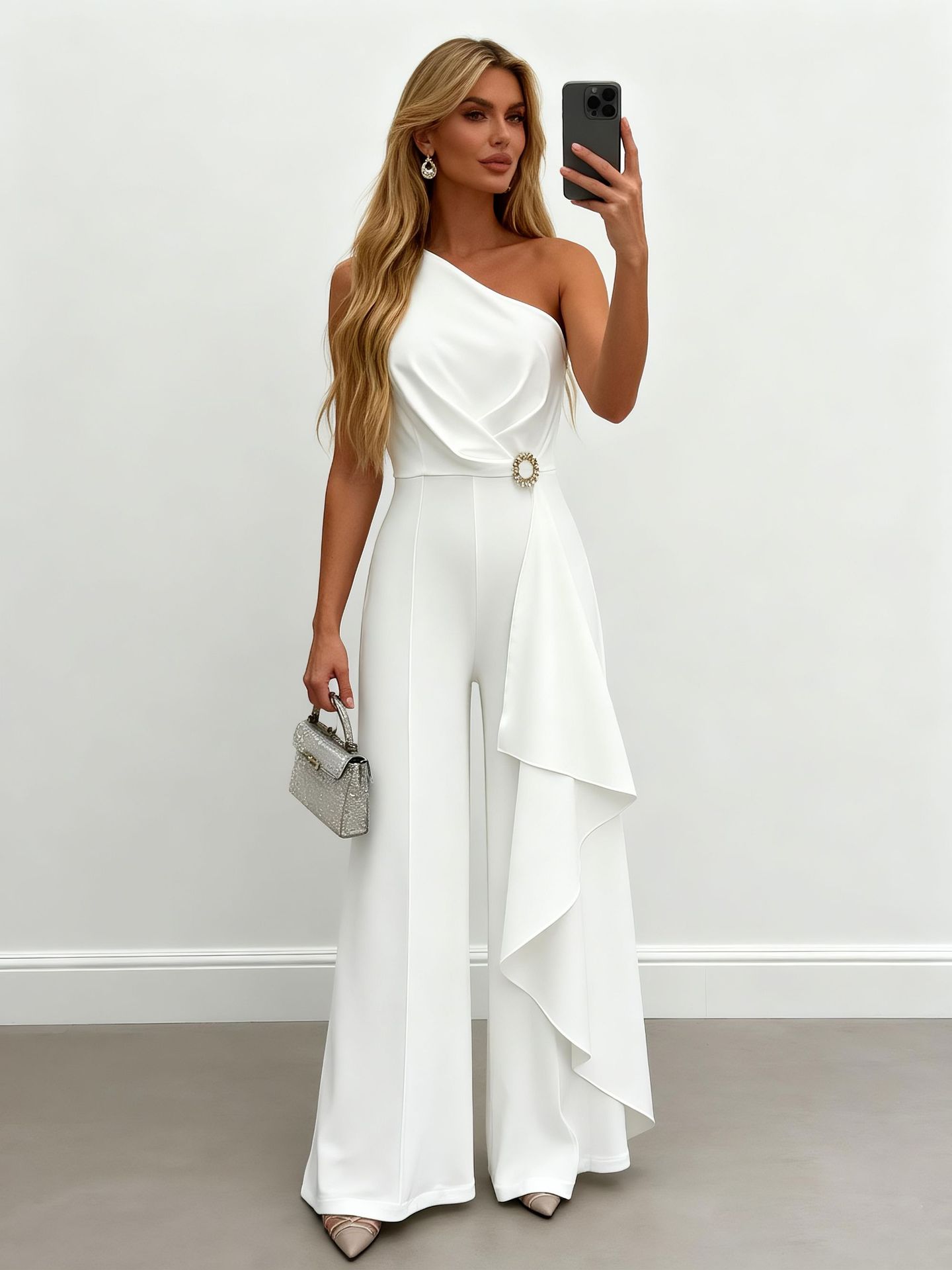 Elegant One-Shoulder Draped Wide-Leg Evening Jumpsuit