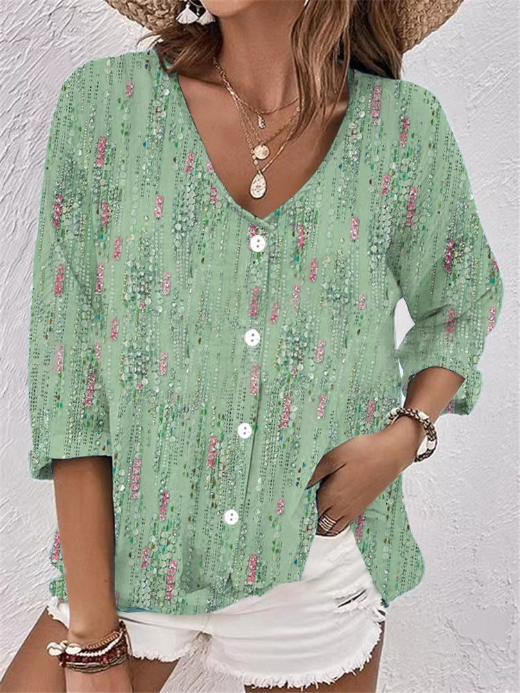 Vintage Floral Linen Button-Down Blouse with 3/4 Sleeves