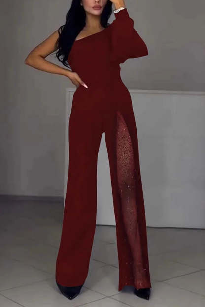 Oblique Shoulder One-sleeve  High Slit Sequin Jumpsuit (Buy 2 Free Shipping)