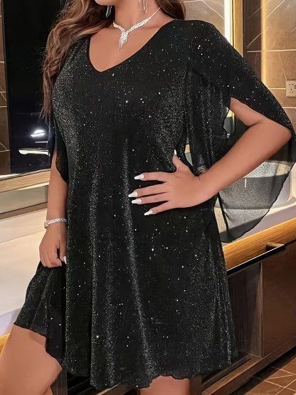 Plus Size Sparkly V-Neck Batwing Sleeve Dress (Buy 2 Free Shipping)