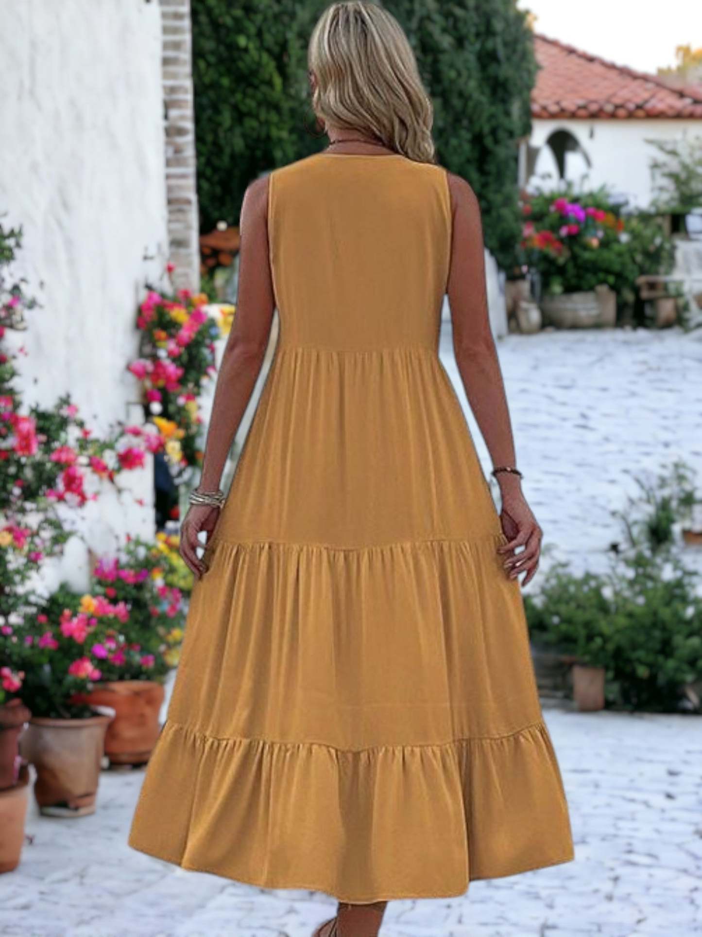 V-Neck Button Detailed Boho Midi Ruffle Dress For Women