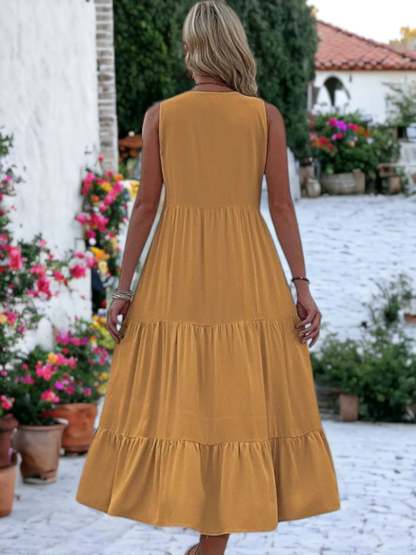V-Neck Button Detailed Boho Midi Ruffle Dress For Women