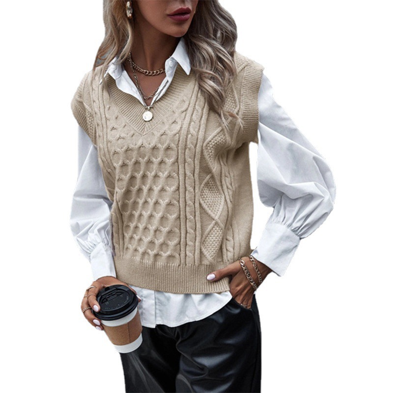 Dunhuang.Com Specializes In Small Batches For Women'S Fashionable Knitted Vests Autumn And Winter New Vests Sleeveless Cable V-Neck Tops